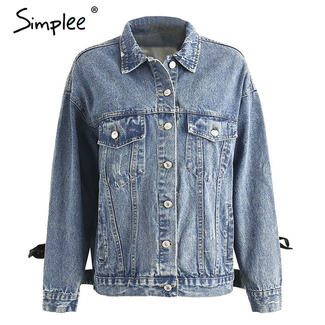 Simplee Lace up denim jacket coat women 2017 autumn winter Vintage button basic jacket Loose cross pocket jean jacket outerwear