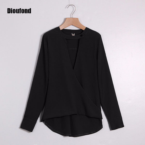 Dioufond Spring Elegant women blouse V-neck Hanging neck long sleeves chiffon black top solid color fashion plus size colthing