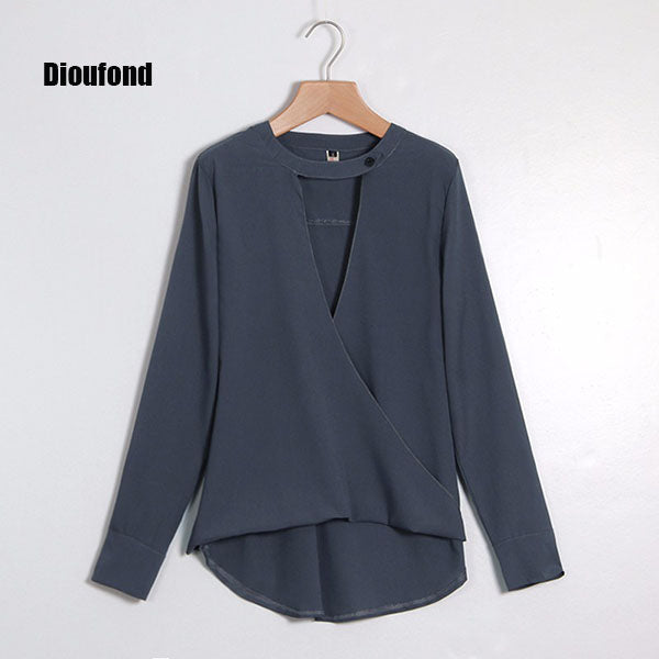 Dioufond Spring Elegant women blouse V-neck Hanging neck long sleeves chiffon black top solid color fashion plus size colthing