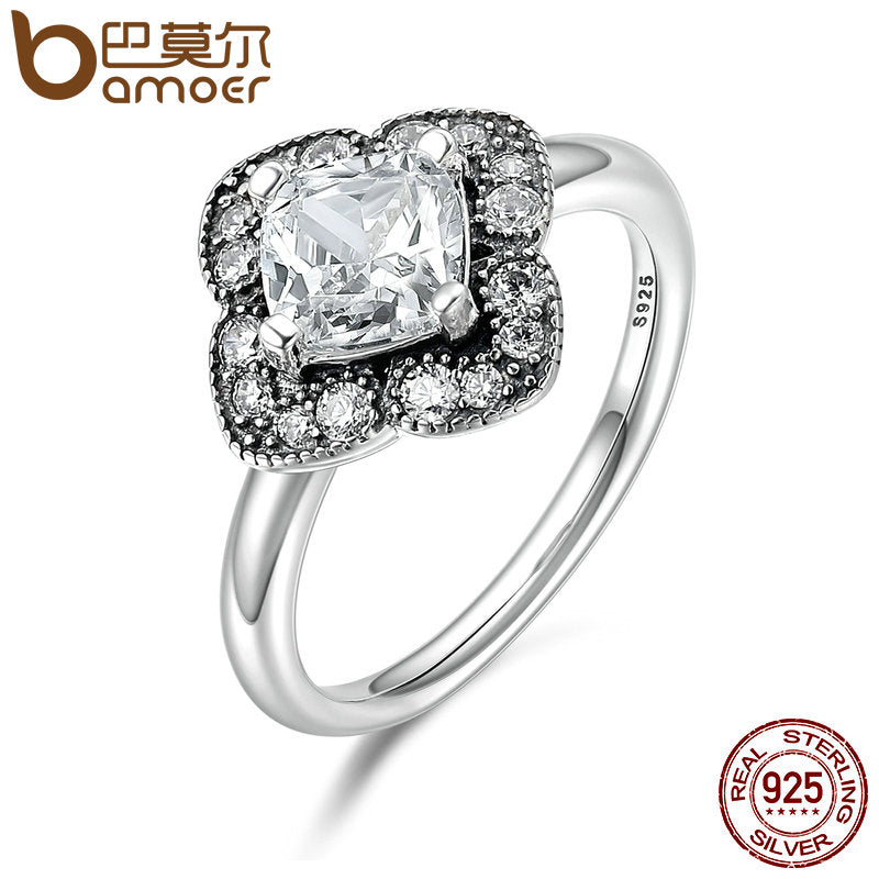 BAMOER 100% 925 Sterling Silver Crystalized Floral Fancy, Clear CZ Finger Rings for Women Anniversary Engagement Jewelry PA7636