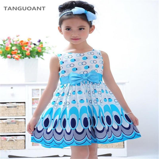 TANGUOANT Girl dress, Princess Bow Belt dress Circle Bubble Peacock print kids clothes, girl's Party dresses 2-11Y free shipping