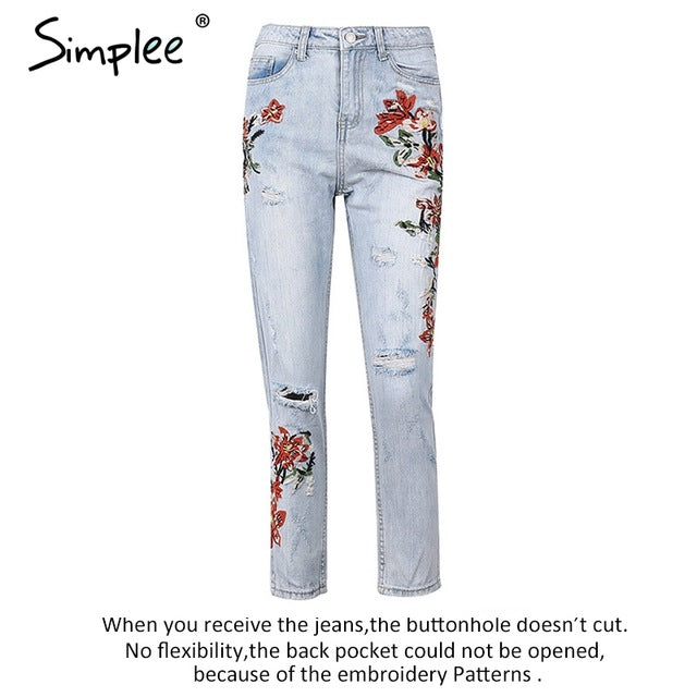 Simplee Vintage flower embroidery high waist jeans female Pocket straight jeans women bottom Light blue hole casual pants capris