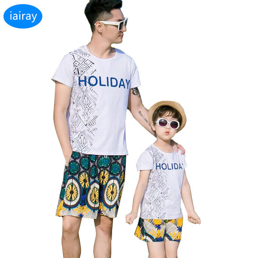 iairay summer 2018 family clothing father son matching clothes holiday casual white t shirt print t-shirt cotton men short pants