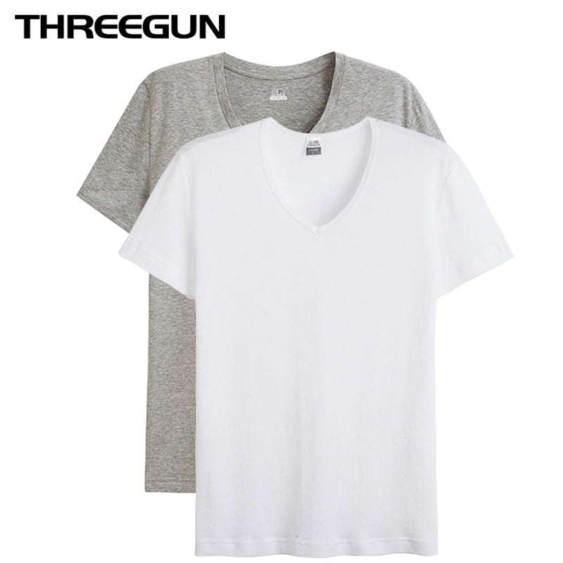 THREEGUN Cotton Short Sleeve T-Shirts V-Neck High Elastic Soft Lycra Undershirts For Men Slim Fitted Top Tees With 3 Solid Color