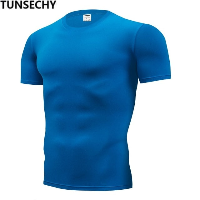 TUNSECHY Fashion pure color T-shirt Men Short Sleeve compression tight Tshirts Shirt S- 4XL Summer Clothes Free transportation