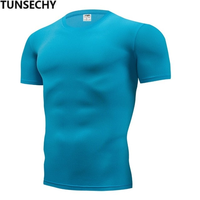 TUNSECHY Fashion pure color T-shirt Men Short Sleeve compression tight Tshirts Shirt S- 4XL Summer Clothes Free transportation