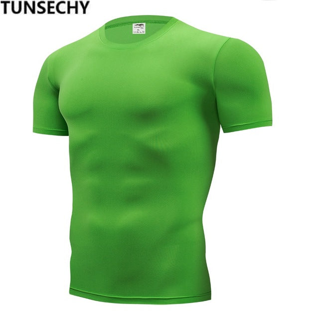 TUNSECHY Fashion pure color T-shirt Men Short Sleeve compression tight Tshirts Shirt S- 4XL Summer Clothes Free transportation