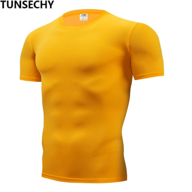 TUNSECHY Fashion pure color T-shirt Men Short Sleeve compression tight Tshirts Shirt S- 4XL Summer Clothes Free transportation