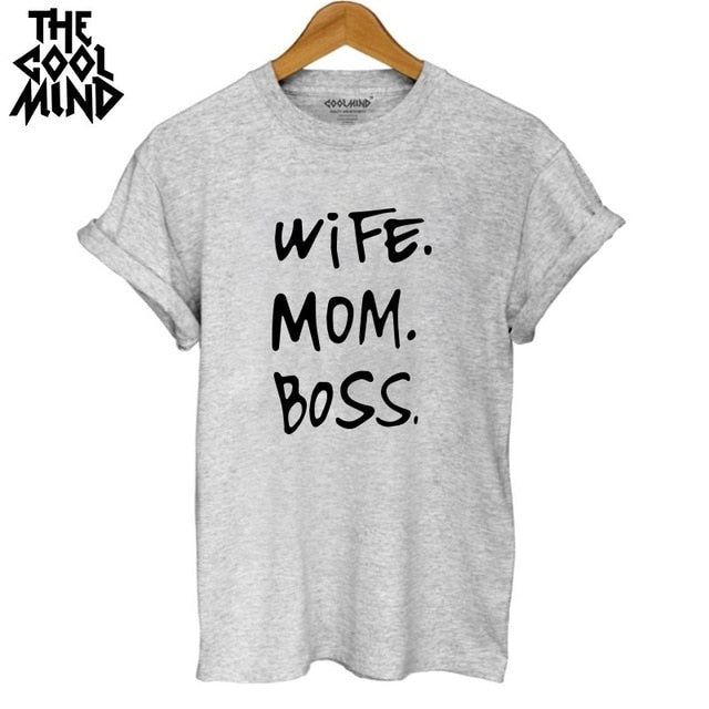 COOLMIND WR0711B high quality 100% cotton wife mom boss print t shirt women casual cool summer t-shirt women short sleeve Tshirt