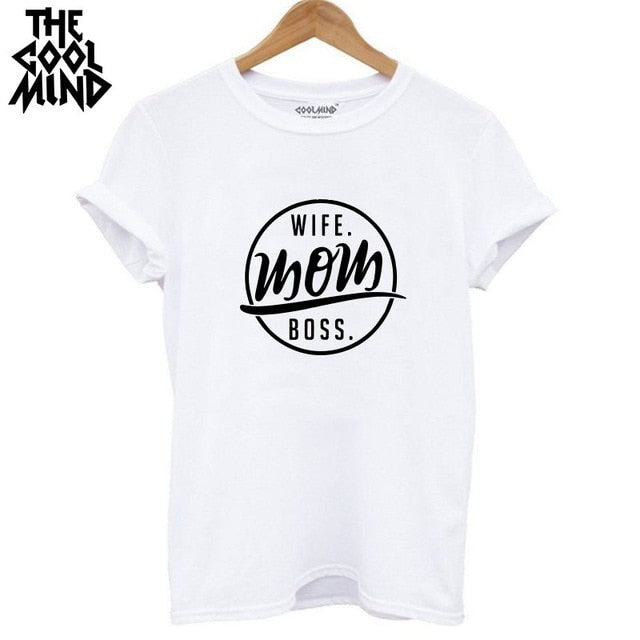 COOLMIND WR0711B high quality 100% cotton wife mom boss print t shirt women casual cool summer t-shirt women short sleeve Tshirt