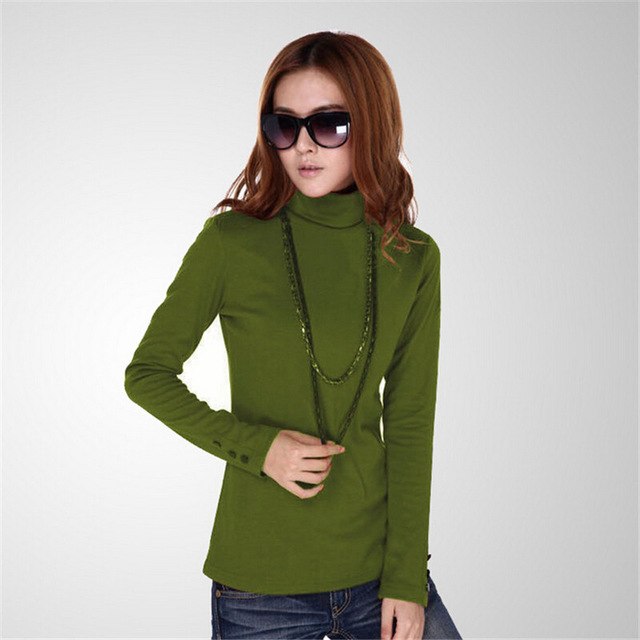 Autumn Turtleneck Women T-shirt Sleeve Button Plus Size M-4XL T shirt Pure Color Casual Tshrit Female Cotton T shirt Tops 31976