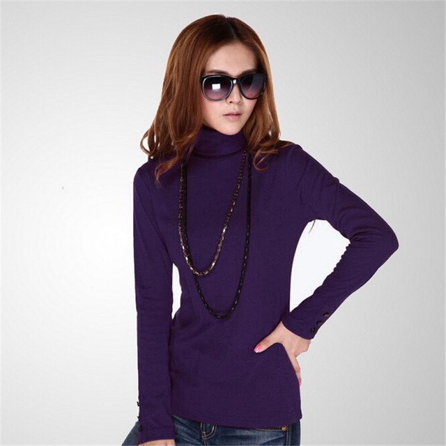 Autumn Turtleneck Women T-shirt Sleeve Button Plus Size M-4XL T shirt Pure Color Casual Tshrit Female Cotton T shirt Tops 31976