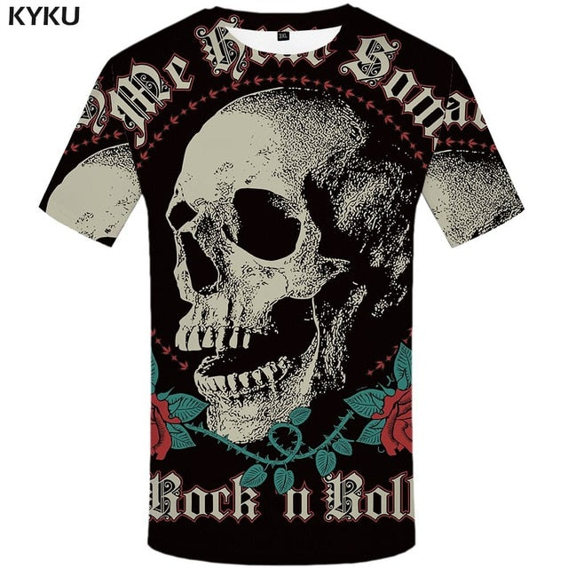 KYKU Skull Tshirt Men Black And White T-shirt Punk Rock Clothes Gothic 3d Print T Shirt Cool Hip Hop Mens Clothing Streetwear