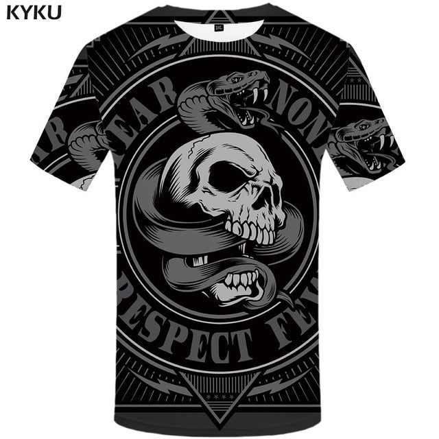 KYKU Skull Tshirt Men Black And White T-shirt Punk Rock Clothes Gothic 3d Print T Shirt Cool Hip Hop Mens Clothing Streetwear