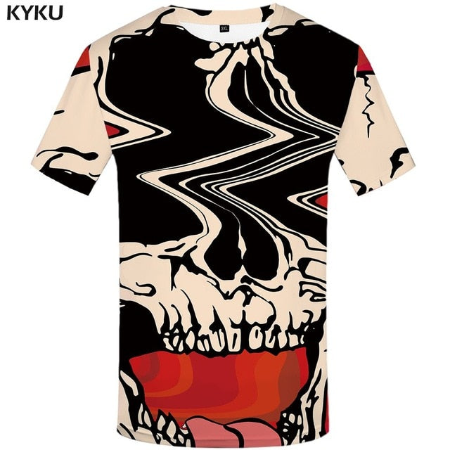 KYKU Skull Tshirt Men Black And White T-shirt Punk Rock Clothes Gothic 3d Print T Shirt Cool Hip Hop Mens Clothing Streetwear