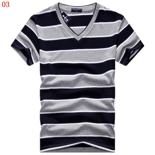 MwOiiOwM 2018 Male V-neck T-shirt Men's Short Sleeve Tshirt Man Cotton Striped T Shirts Mens Clothing Multi Size