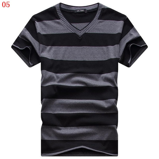 MwOiiOwM 2018 Male V-neck T-shirt Men's Short Sleeve Tshirt Man Cotton Striped T Shirts Mens Clothing Multi Size