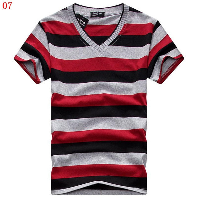 MwOiiOwM 2018 Male V-neck T-shirt Men's Short Sleeve Tshirt Man Cotton Striped T Shirts Mens Clothing Multi Size