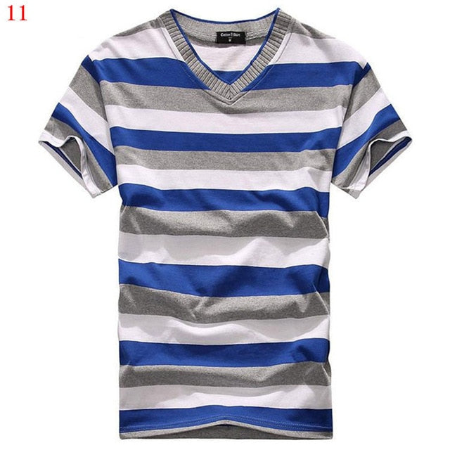 MwOiiOwM 2018 Male V-neck T-shirt Men's Short Sleeve Tshirt Man Cotton Striped T Shirts Mens Clothing Multi Size