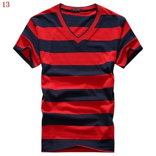 MwOiiOwM 2018 Male V-neck T-shirt Men's Short Sleeve Tshirt Man Cotton Striped T Shirts Mens Clothing Multi Size