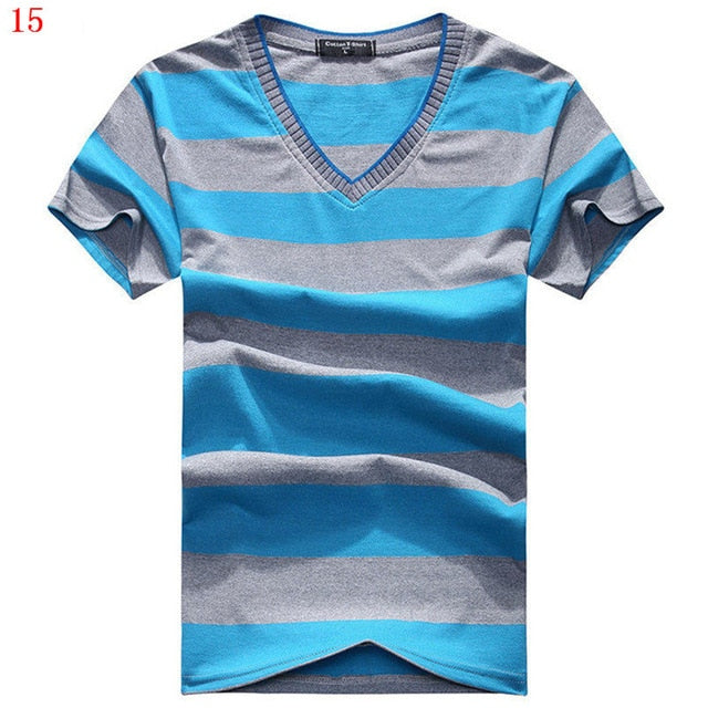 MwOiiOwM 2018 Male V-neck T-shirt Men's Short Sleeve Tshirt Man Cotton Striped T Shirts Mens Clothing Multi Size