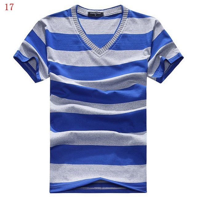 MwOiiOwM 2018 Male V-neck T-shirt Men's Short Sleeve Tshirt Man Cotton Striped T Shirts Mens Clothing Multi Size