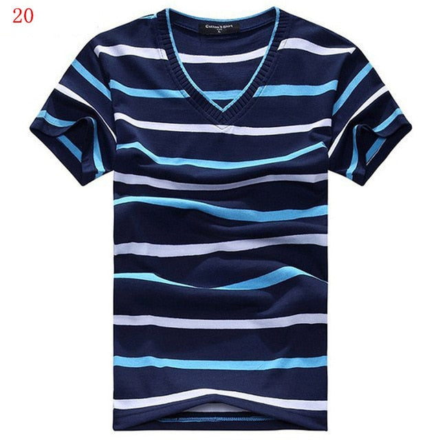 MwOiiOwM 2018 Male V-neck T-shirt Men's Short Sleeve Tshirt Man Cotton Striped T Shirts Mens Clothing Multi Size