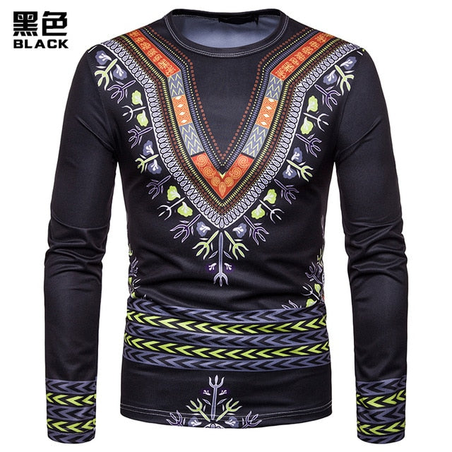 Personality Casual 3D Printed National Africa Clothing Round Neck Long Sleeved Hip Hop Style T Shirt Men