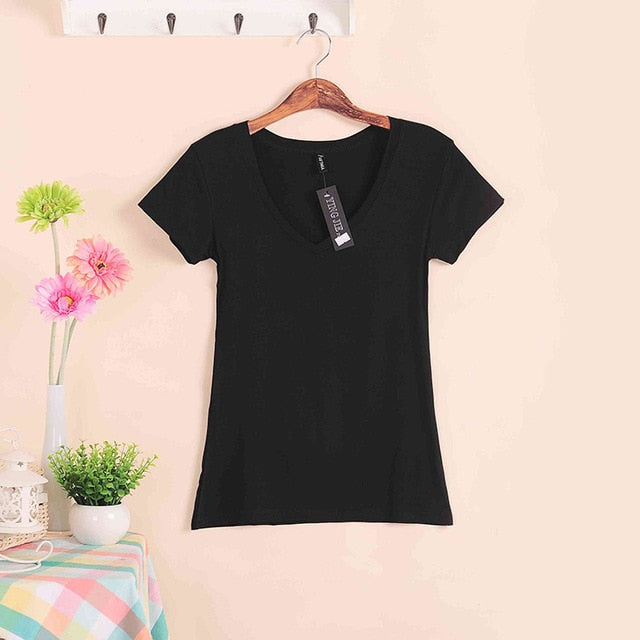 2019 Hot Sale Stretch Summer New Women T Shirts Ms Solid Color Short Sleeve tshirt Women's Fashion Cotton V-neck T-shirt W00622