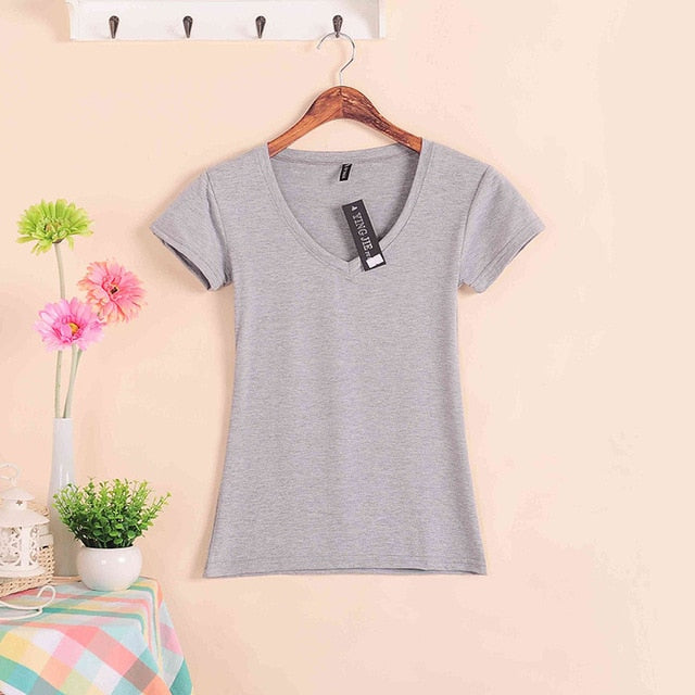 2019 Hot Sale Stretch Summer New Women T Shirts Ms Solid Color Short Sleeve tshirt Women's Fashion Cotton V-neck T-shirt W00622