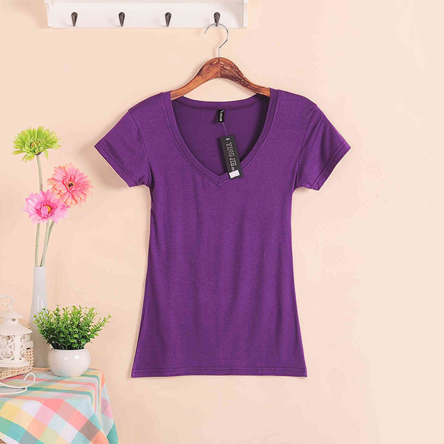 2019 Hot Sale Stretch Summer New Women T Shirts Ms Solid Color Short Sleeve tshirt Women's Fashion Cotton V-neck T-shirt W00622