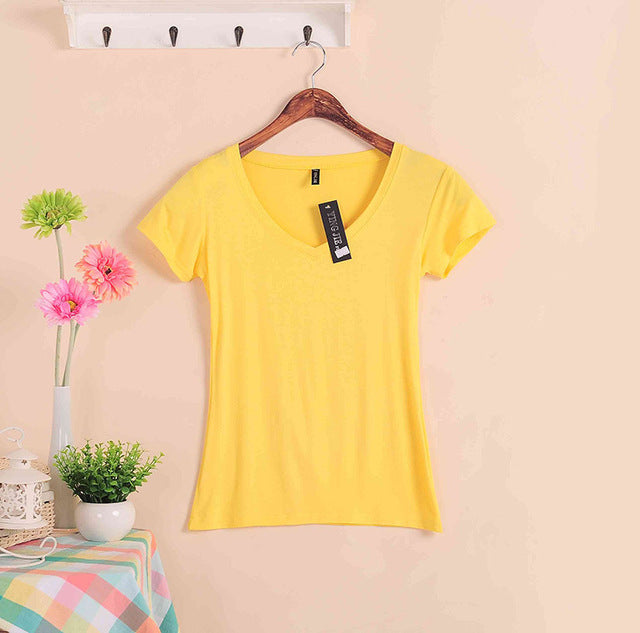 2019 Hot Sale Stretch Summer New Women T Shirts Ms Solid Color Short Sleeve tshirt Women's Fashion Cotton V-neck T-shirt W00622