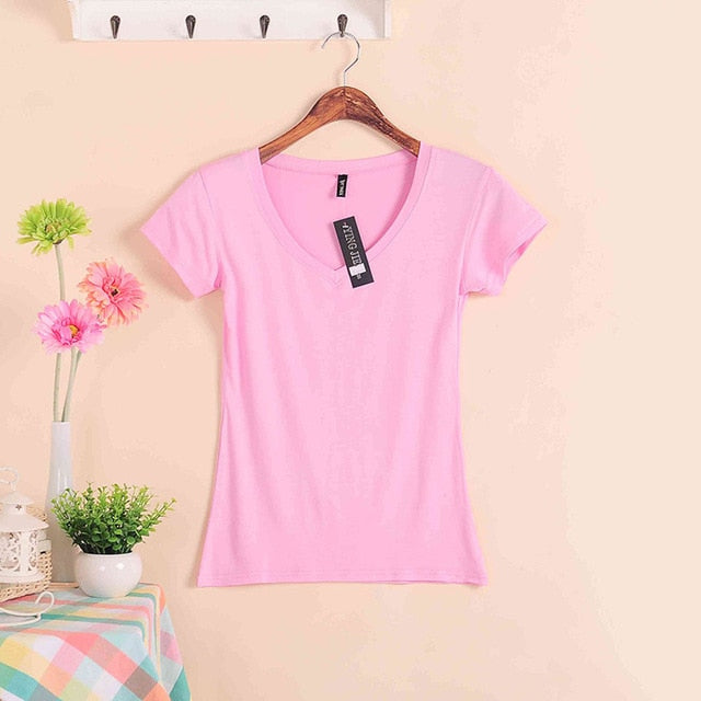 2019 Hot Sale Stretch Summer New Women T Shirts Ms Solid Color Short Sleeve tshirt Women's Fashion Cotton V-neck T-shirt W00622