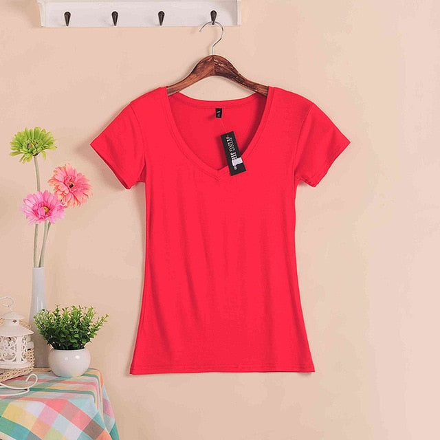 2019 Hot Sale Stretch Summer New Women T Shirts Ms Solid Color Short Sleeve tshirt Women's Fashion Cotton V-neck T-shirt W00622