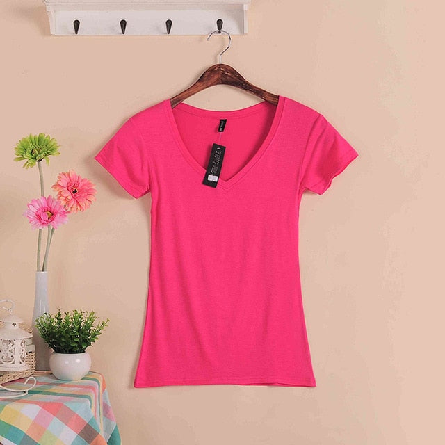 2019 Hot Sale Stretch Summer New Women T Shirts Ms Solid Color Short Sleeve tshirt Women's Fashion Cotton V-neck T-shirt W00622