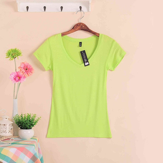 2019 Hot Sale Stretch Summer New Women T Shirts Ms Solid Color Short Sleeve tshirt Women's Fashion Cotton V-neck T-shirt W00622