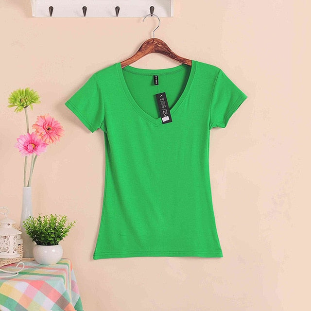 2019 Hot Sale Stretch Summer New Women T Shirts Ms Solid Color Short Sleeve tshirt Women's Fashion Cotton V-neck T-shirt W00622