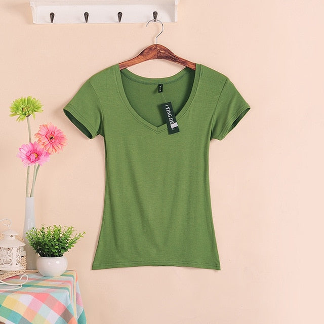 2019 Hot Sale Stretch Summer New Women T Shirts Ms Solid Color Short Sleeve tshirt Women's Fashion Cotton V-neck T-shirt W00622