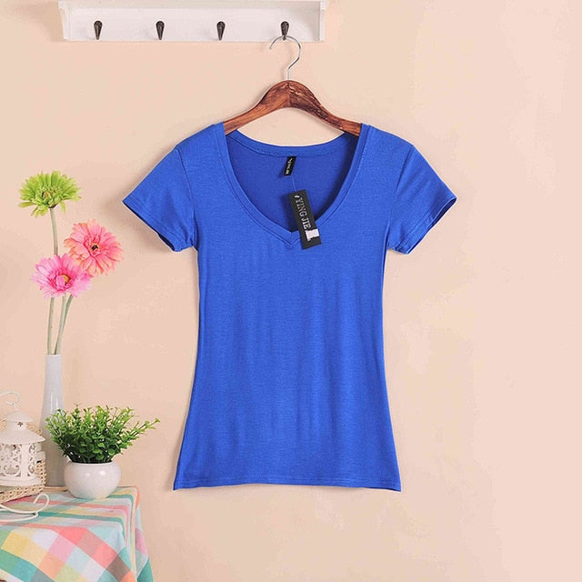 2019 Hot Sale Stretch Summer New Women T Shirts Ms Solid Color Short Sleeve tshirt Women's Fashion Cotton V-neck T-shirt W00622