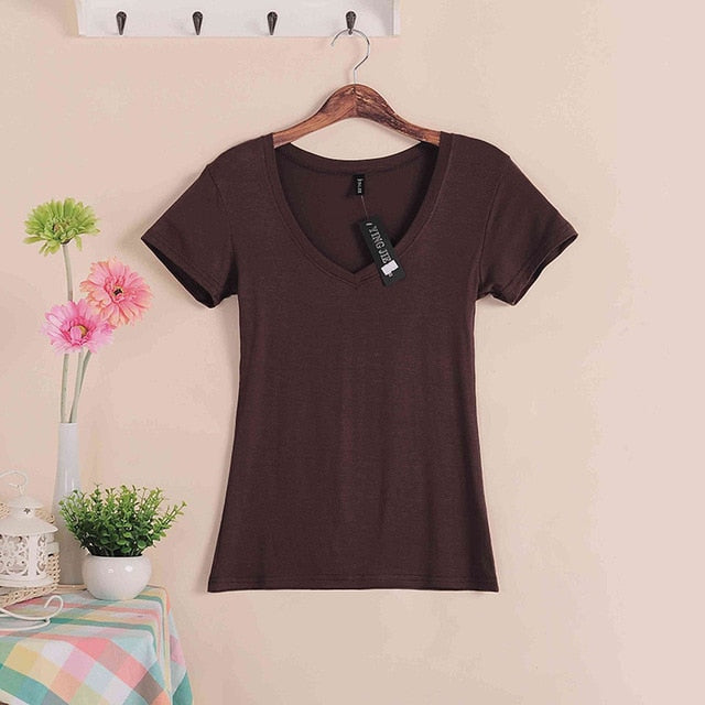 2019 Hot Sale Stretch Summer New Women T Shirts Ms Solid Color Short Sleeve tshirt Women's Fashion Cotton V-neck T-shirt W00622