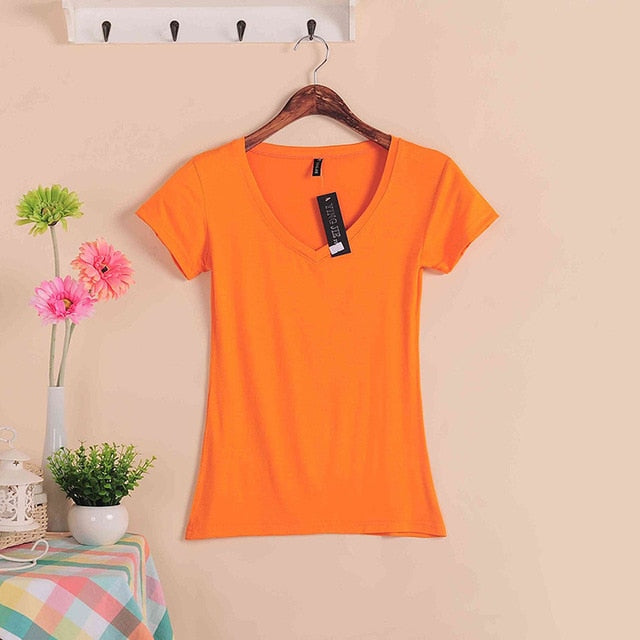 2019 Hot Sale Stretch Summer New Women T Shirts Ms Solid Color Short Sleeve tshirt Women's Fashion Cotton V-neck T-shirt W00622