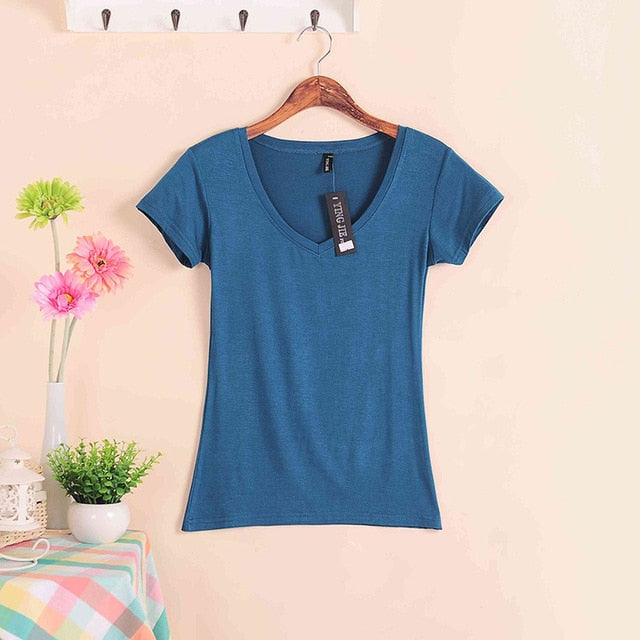 2019 Hot Sale Stretch Summer New Women T Shirts Ms Solid Color Short Sleeve tshirt Women's Fashion Cotton V-neck T-shirt W00622