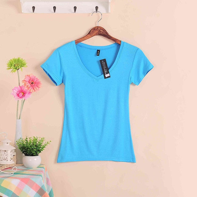 2019 Hot Sale Stretch Summer New Women T Shirts Ms Solid Color Short Sleeve tshirt Women's Fashion Cotton V-neck T-shirt W00622