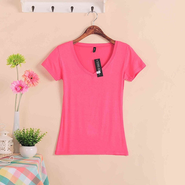 2019 Hot Sale Stretch Summer New Women T Shirts Ms Solid Color Short Sleeve tshirt Women's Fashion Cotton V-neck T-shirt W00622